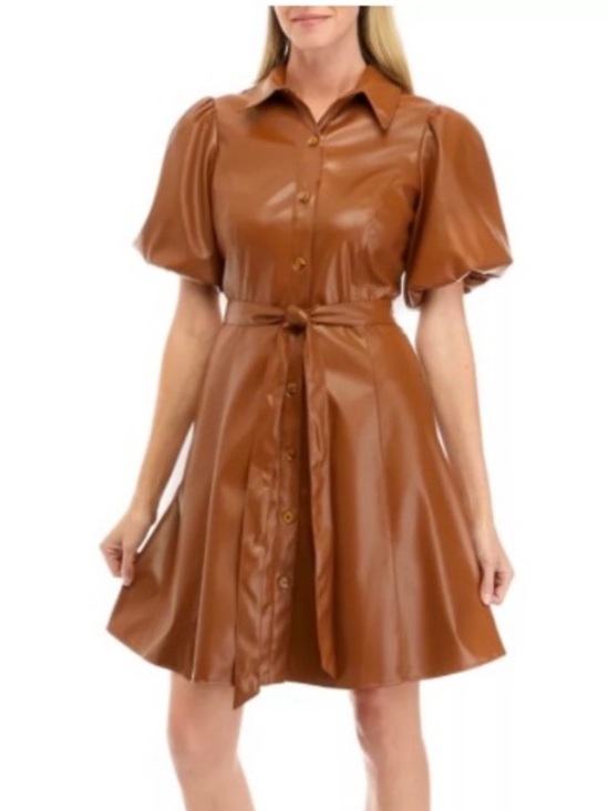 Maison Tara Dresses & Skirts - Maison Tara Cognac Faux Leather Puff-Sleeve Button-Front Mini Dress